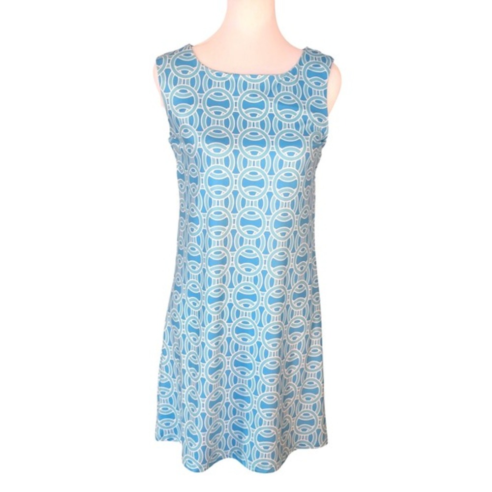 NWT Top It Off Blue‎ White Geometric Link Sleeveless Travel Shift Dress Small